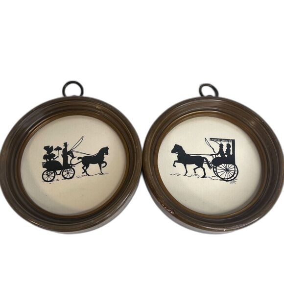 Framed Prints of Horse Buggies People in VTG Clothing Round 1960s Set of 2 - Picture 1 of 11